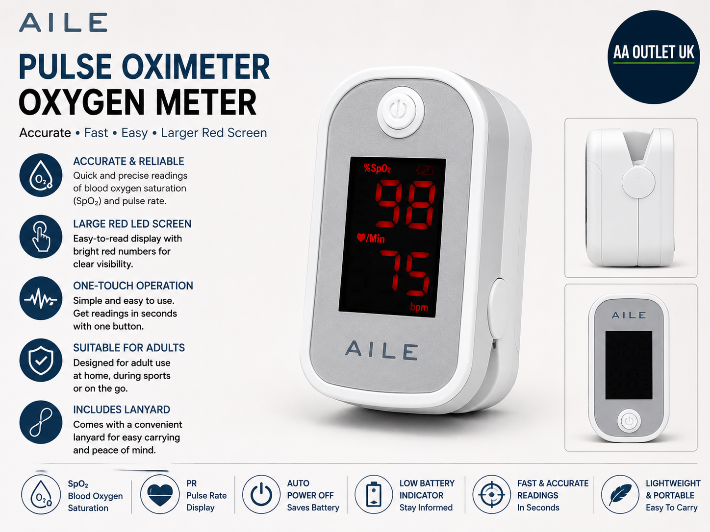AILE Pulse Oximeter Oxygen Meter Adults Accurate Fast Easy Larger Red Screen