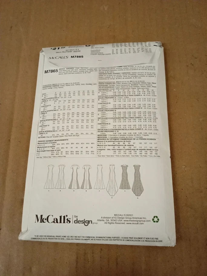McCalls M7865 Sewing Pattern Template Paper Plain 14 To 22 Plain New