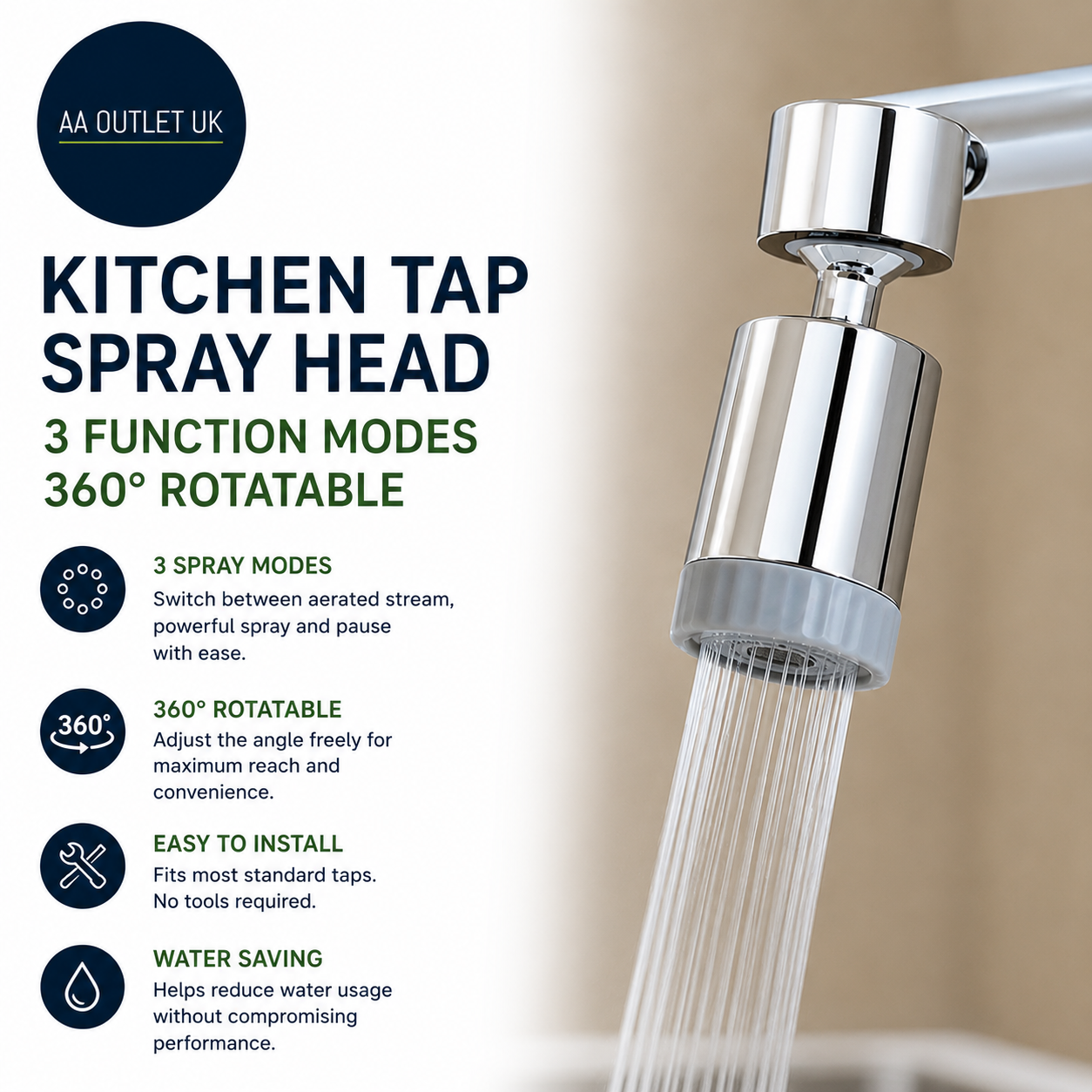 Kitchen Tap Spray Head 3 Functions Modes 360° Rotatable Sink Attachment Nozzle