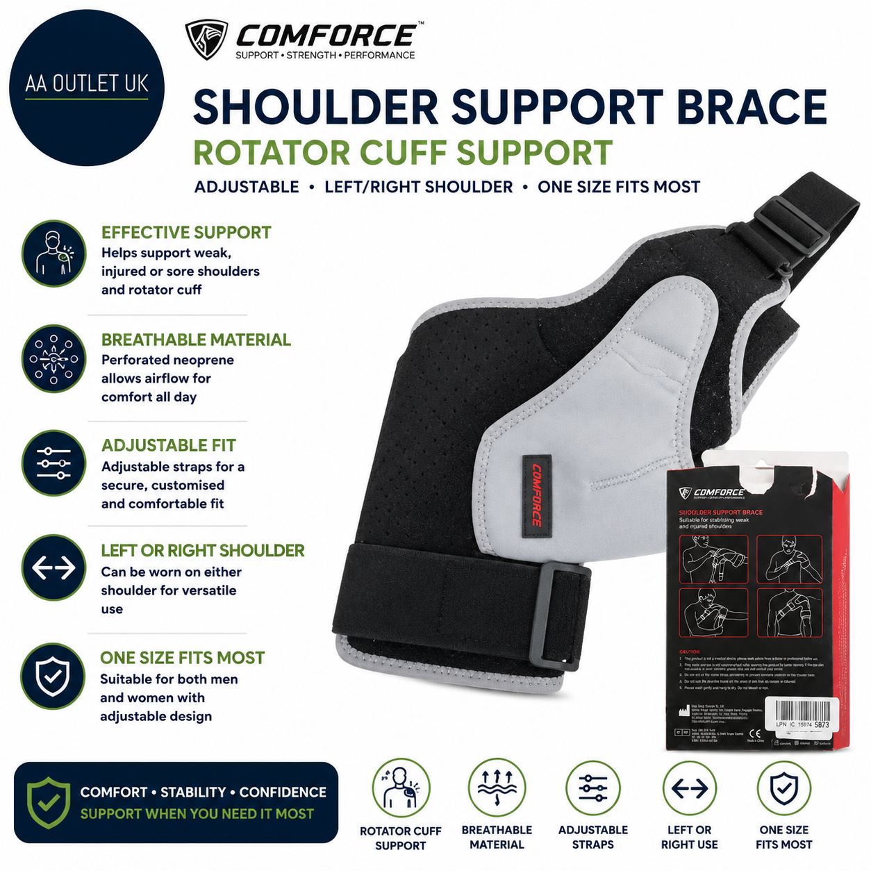 COMFORCE Shoulder Support Brace Rotator Cuff Adjustable Left/Right One Size