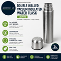 Bargain Factory Water Flask Double Walled Vacuum Insulated 1L Leakproof Silver