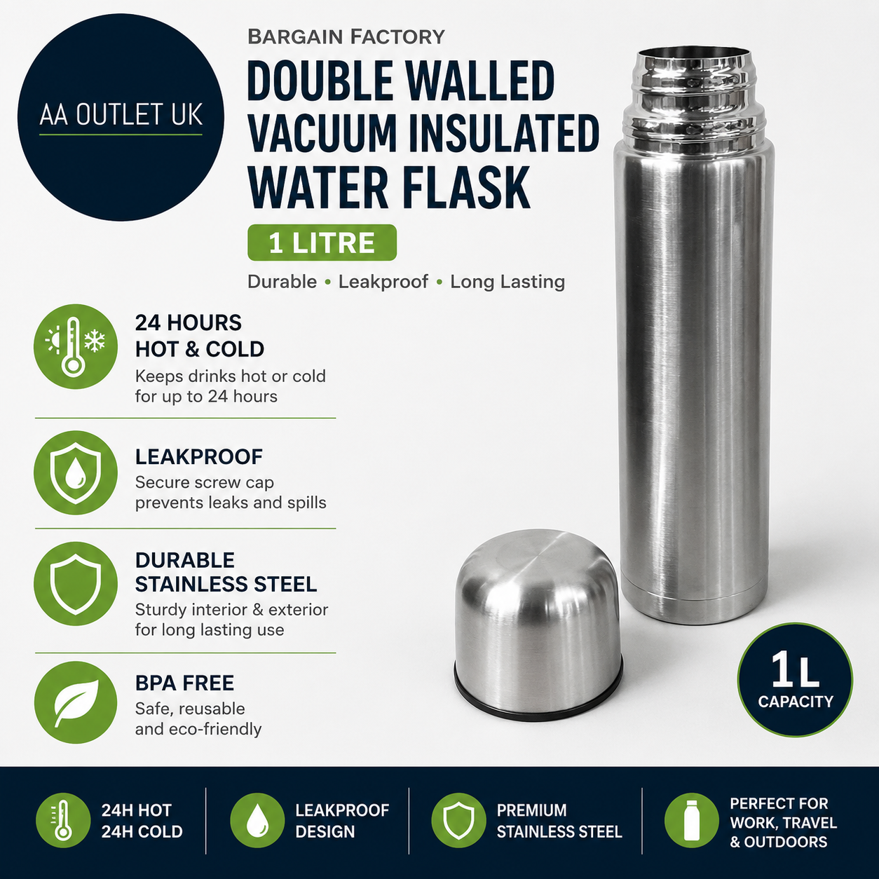 Bargain Factory Water Flask Double Walled Vacuum Insulated 1L Leakproof Silver