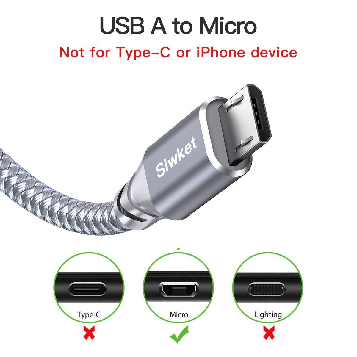 Siwket Micro USB Cable 2 Pack 2M Braided USB A  Micro Charge Cable Android New