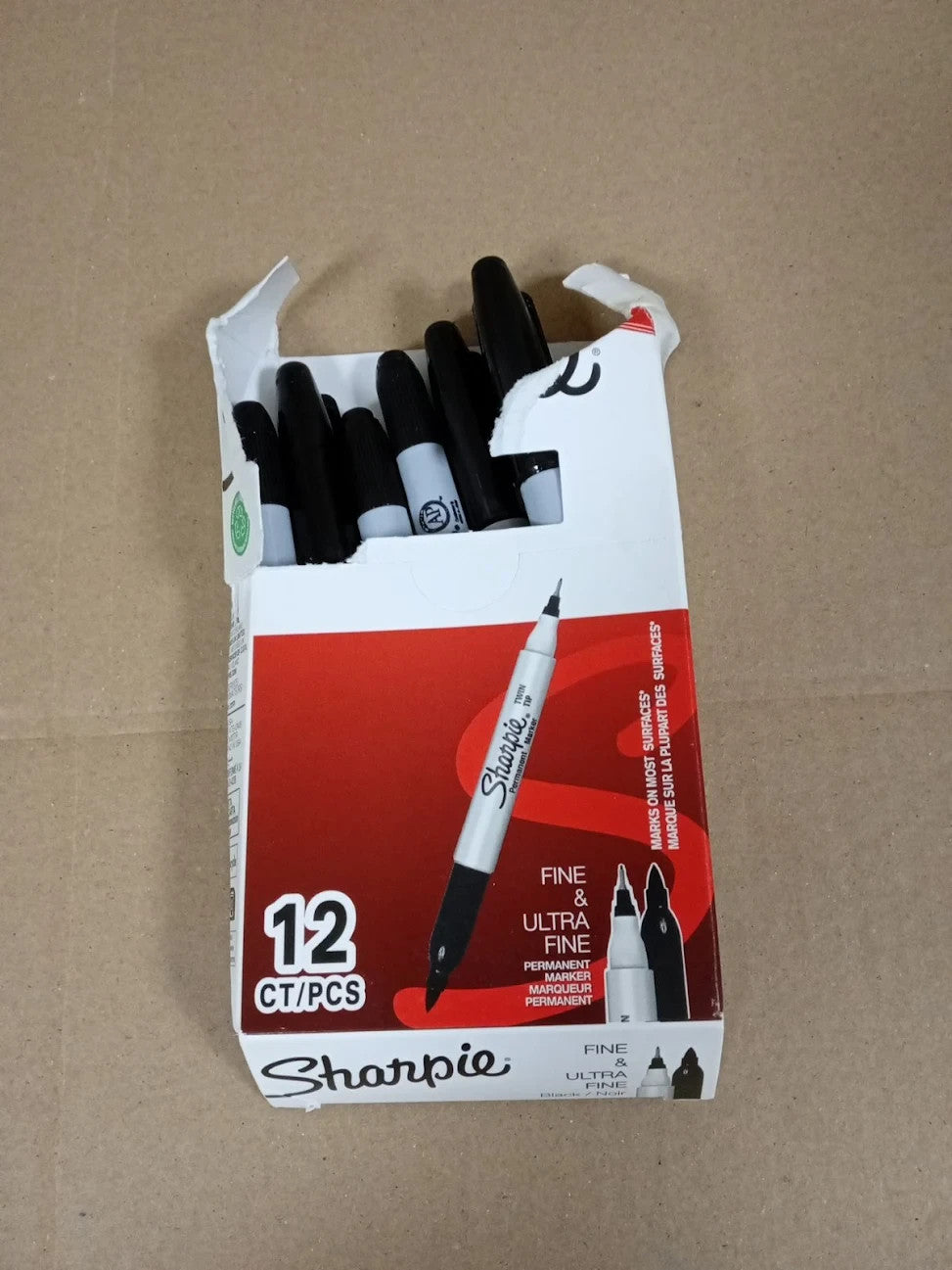 Sharpie Twin Tip Permanent Markers Fine & Ultra-Fine Points Black 12 Pieces New
