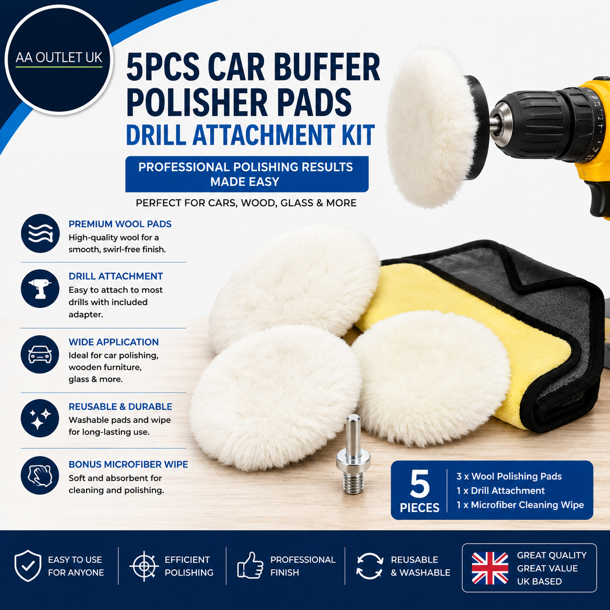 5 Pieces Car Buffer Polisher Pads Drill Attachment Polishing Buffing Mop Wheel