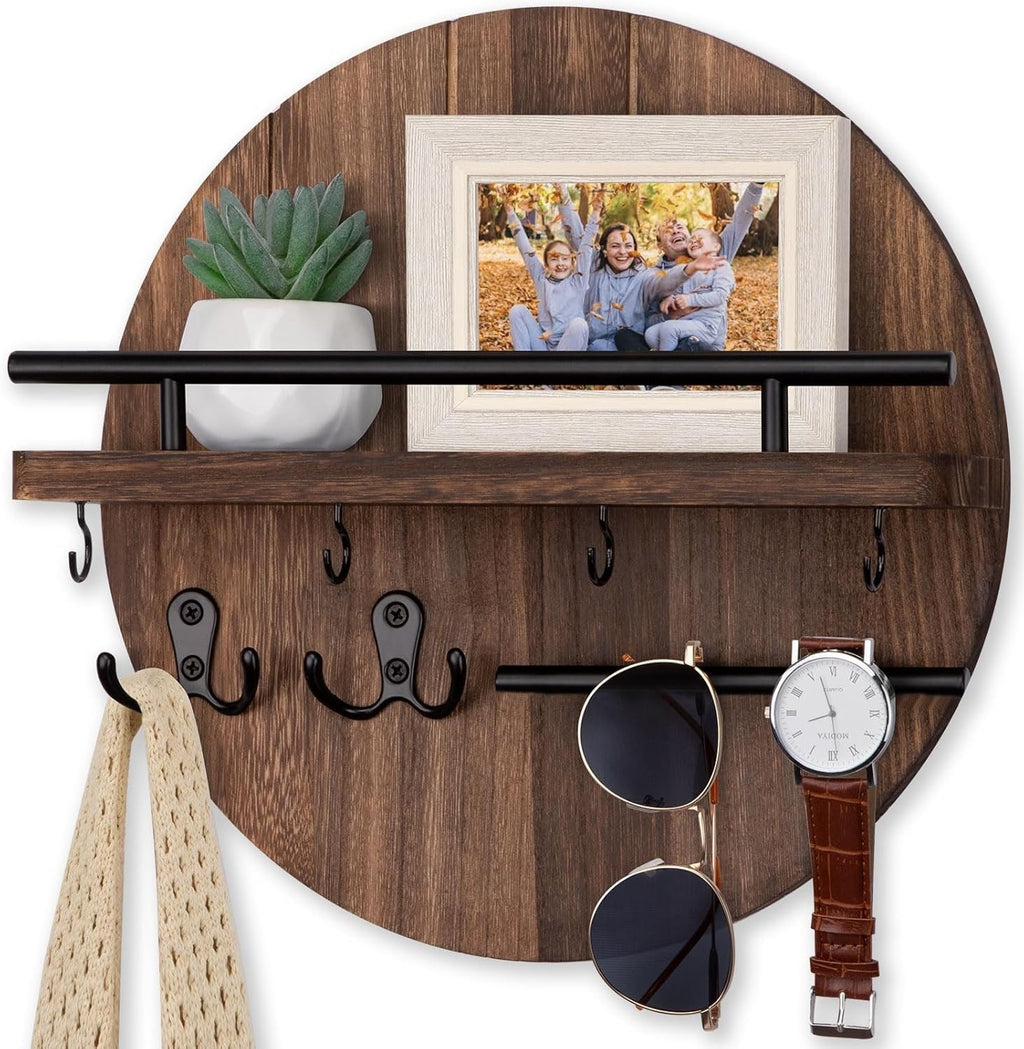 Wooden Key Holder Wall Rustic Mounted Hanger Mail Shelf Hooks Home 11.8in New