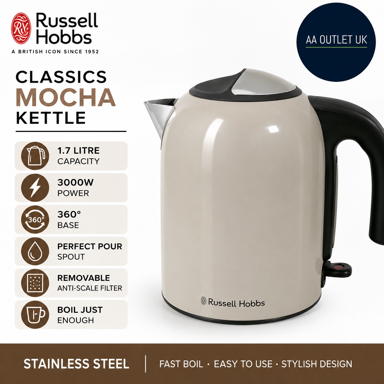 Russell Hobbs Kettle 1.7L 3000W Stainless Steel Classics Mocha 360 Base 28511