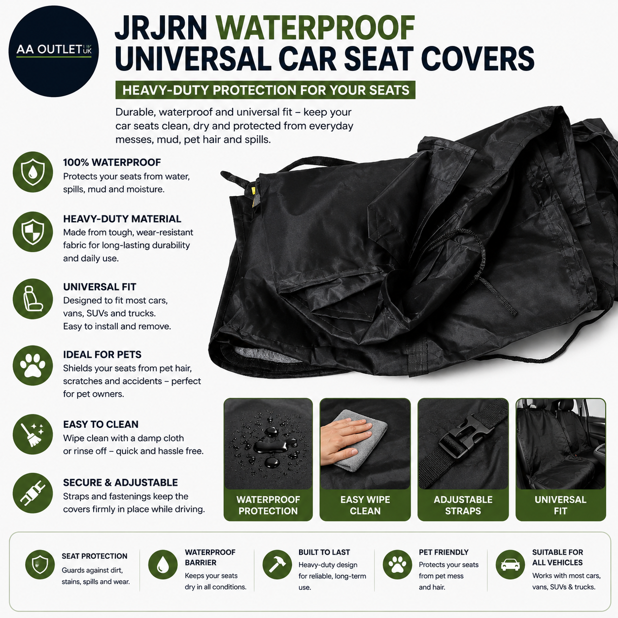 JRJRN Waterproof Universal Car Seat Covers Heavy Duty Airbag Safe Modern Design