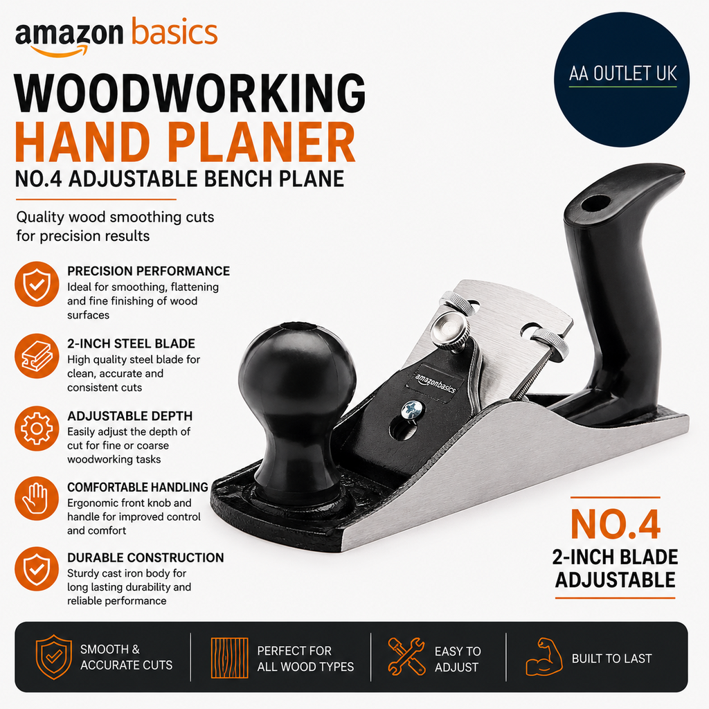 Amazon Basics Woodworking Hand Planer No.4 Adjustable Bench Plane 2in Steel