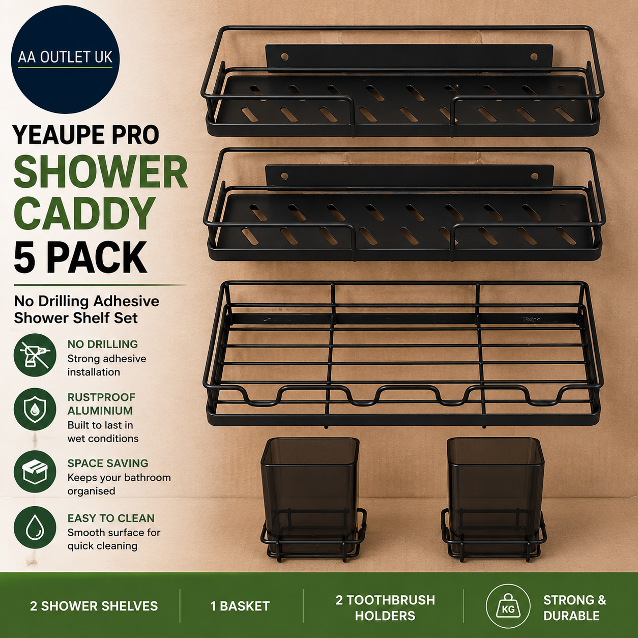 YEAUPE PRO Shower Caddy 5 Pack No Drilling Adhesive Shower Shelf Set Black