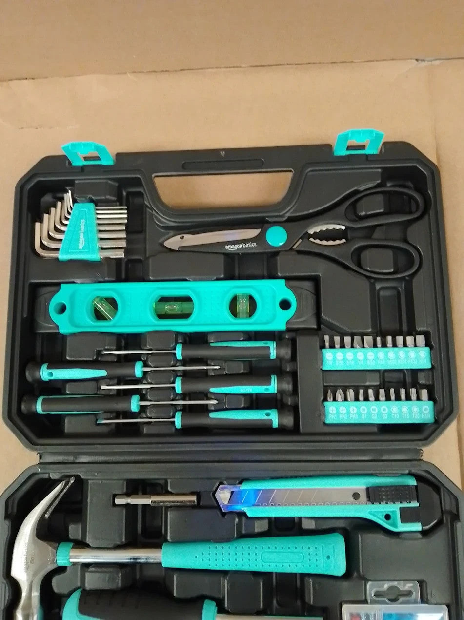Amazon Basics Tool Kit Storage Case 142 Piece Household Tool Set DIY Turquoise