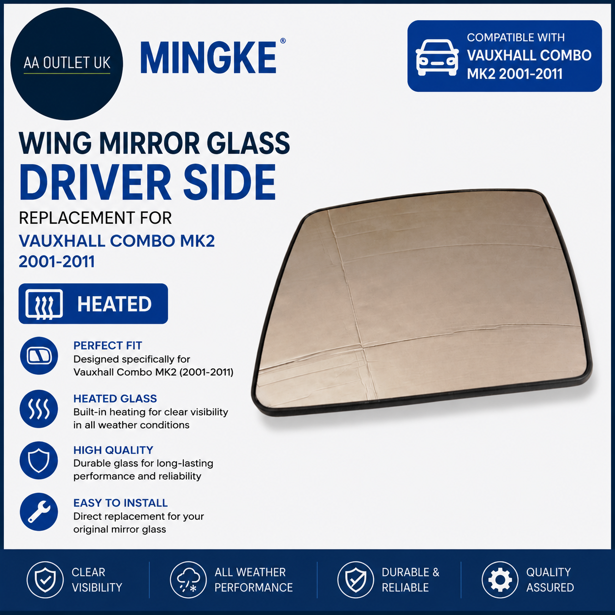 Mingke Wing Mirror Glass Driver Side Replacement Vauxhall Combo MK2 2001-2011