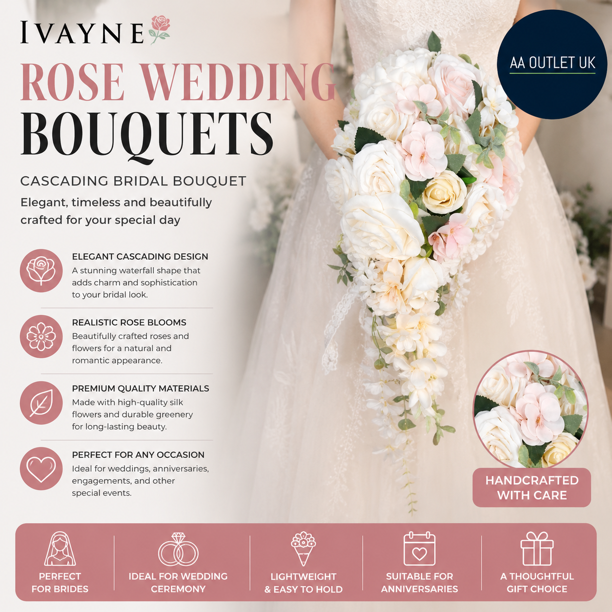 Ivayne Rose Wedding Bouquets Bride Cascading Bridal Ceremony Anniversary