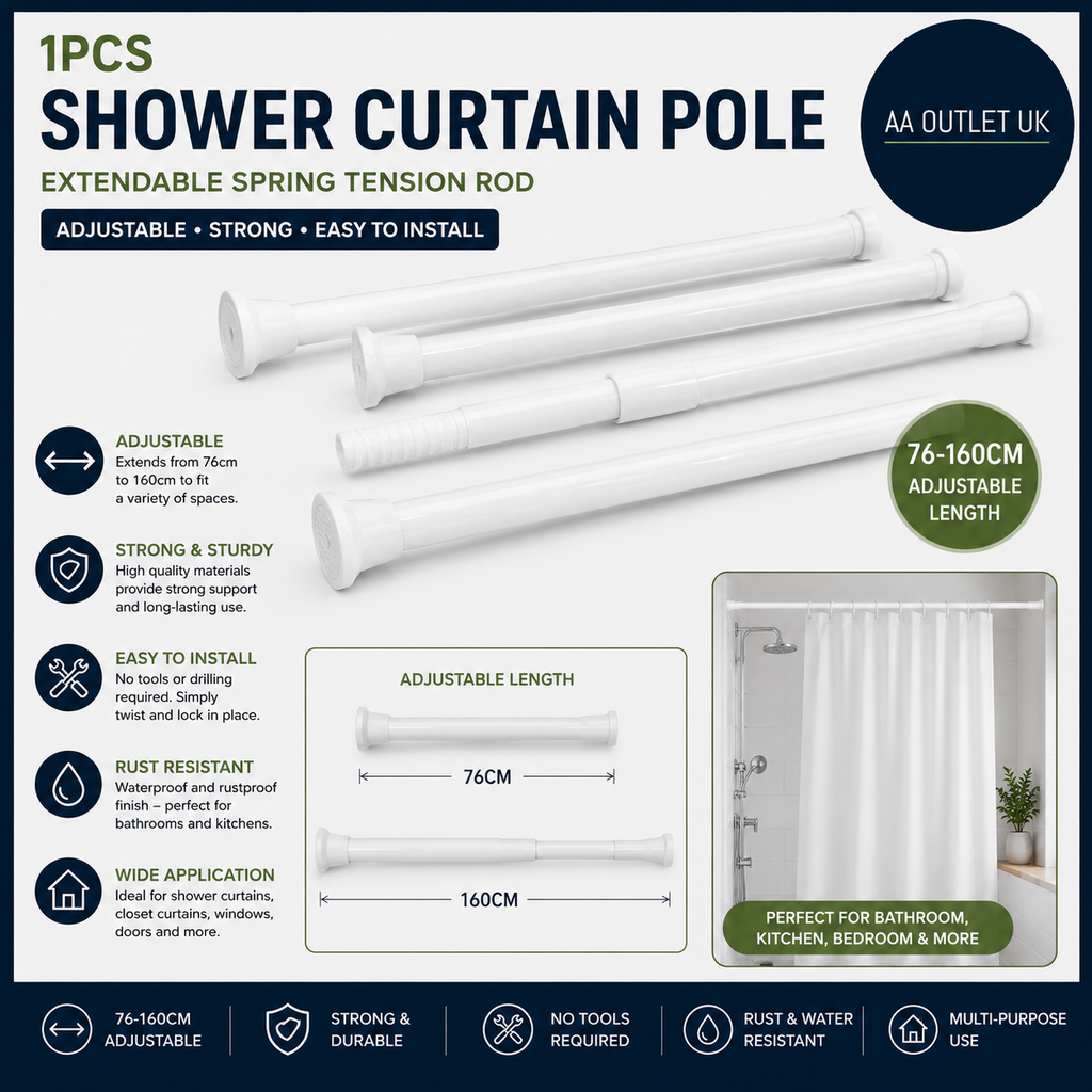 1pcs Shower Curtain Pole 76 To 160cm Extendable Poles White Adjustable Spring