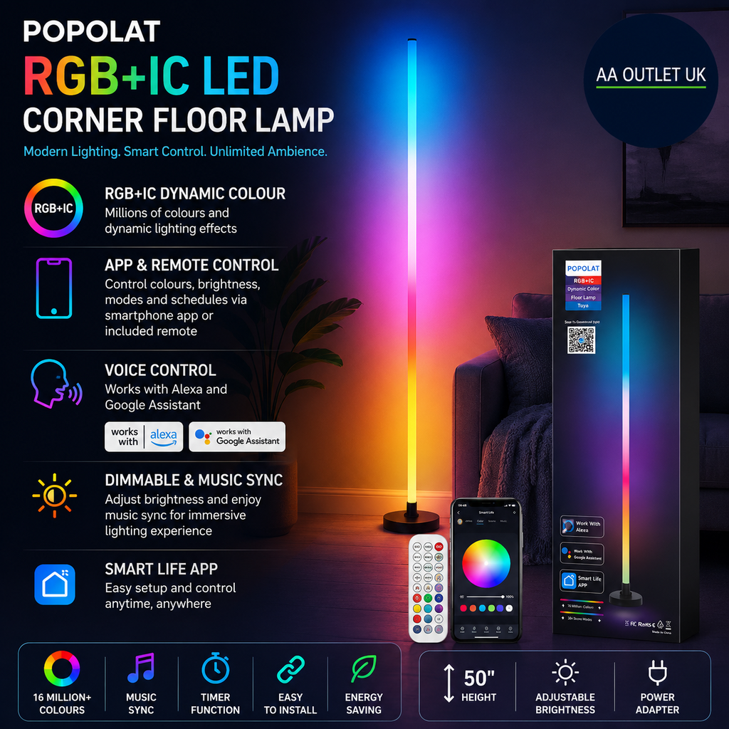 Popolat LED Floor Modern Standing Lamp RGB IC Smart Corner 50in Tall