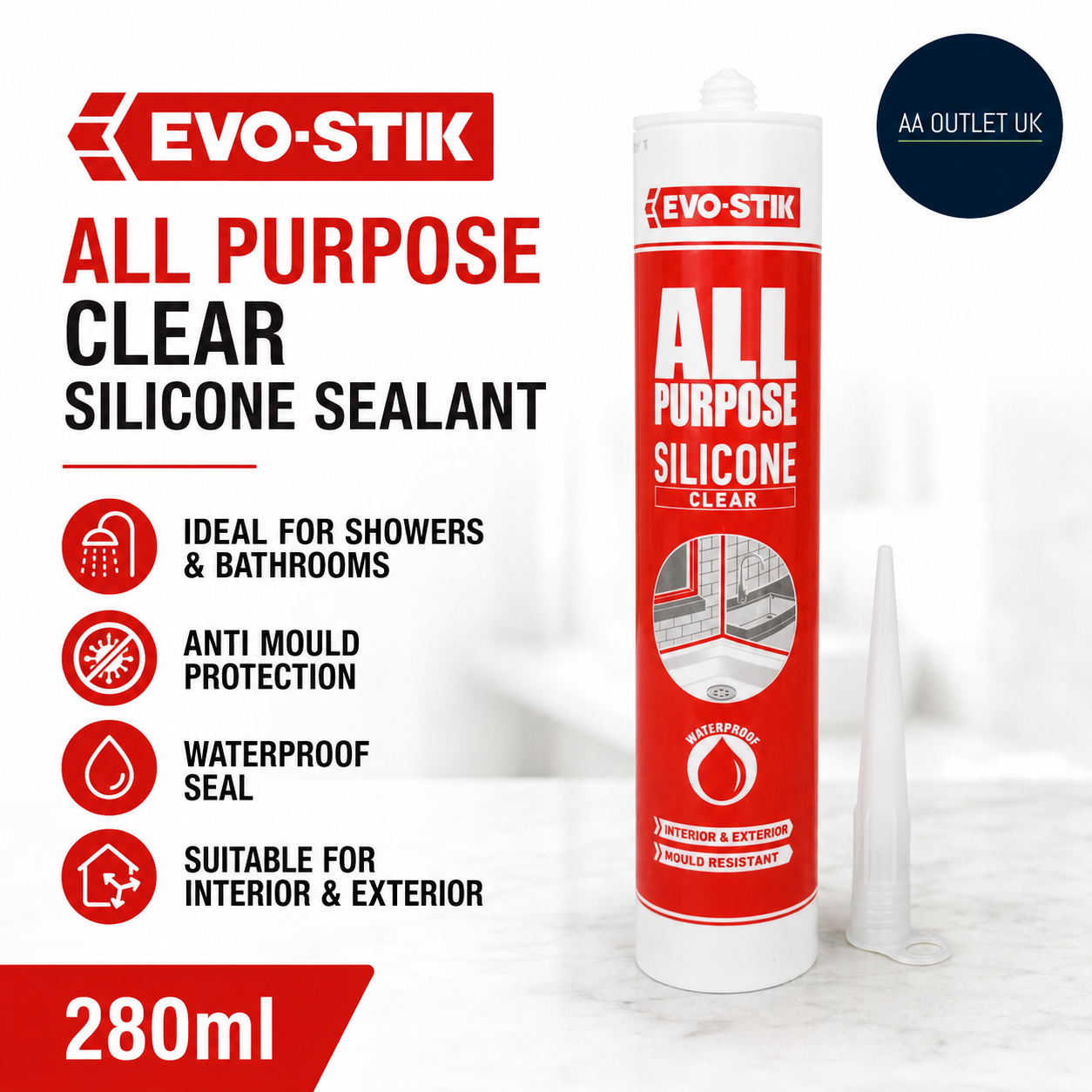 EVO STIK All Purpose Clear Silicone Sealant 280ml Shower Bathroom Anti Mould