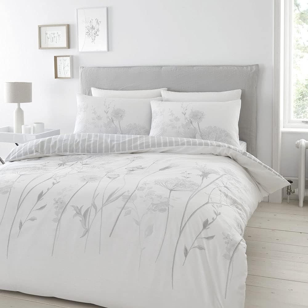 Catherine Lansfield Meadowsweet Floral Reversible Double Duvet Cover Set New