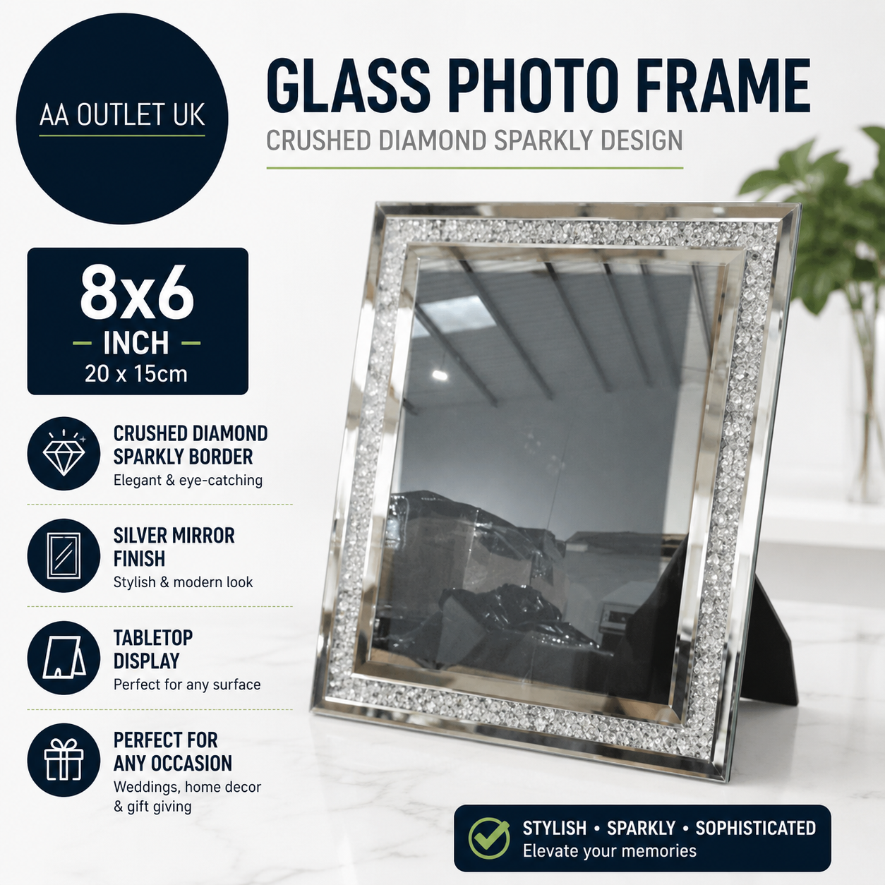 Glass Photo Frames 8x6 Crushed Diamond Sparkly Picture Silver Mirror Design New
