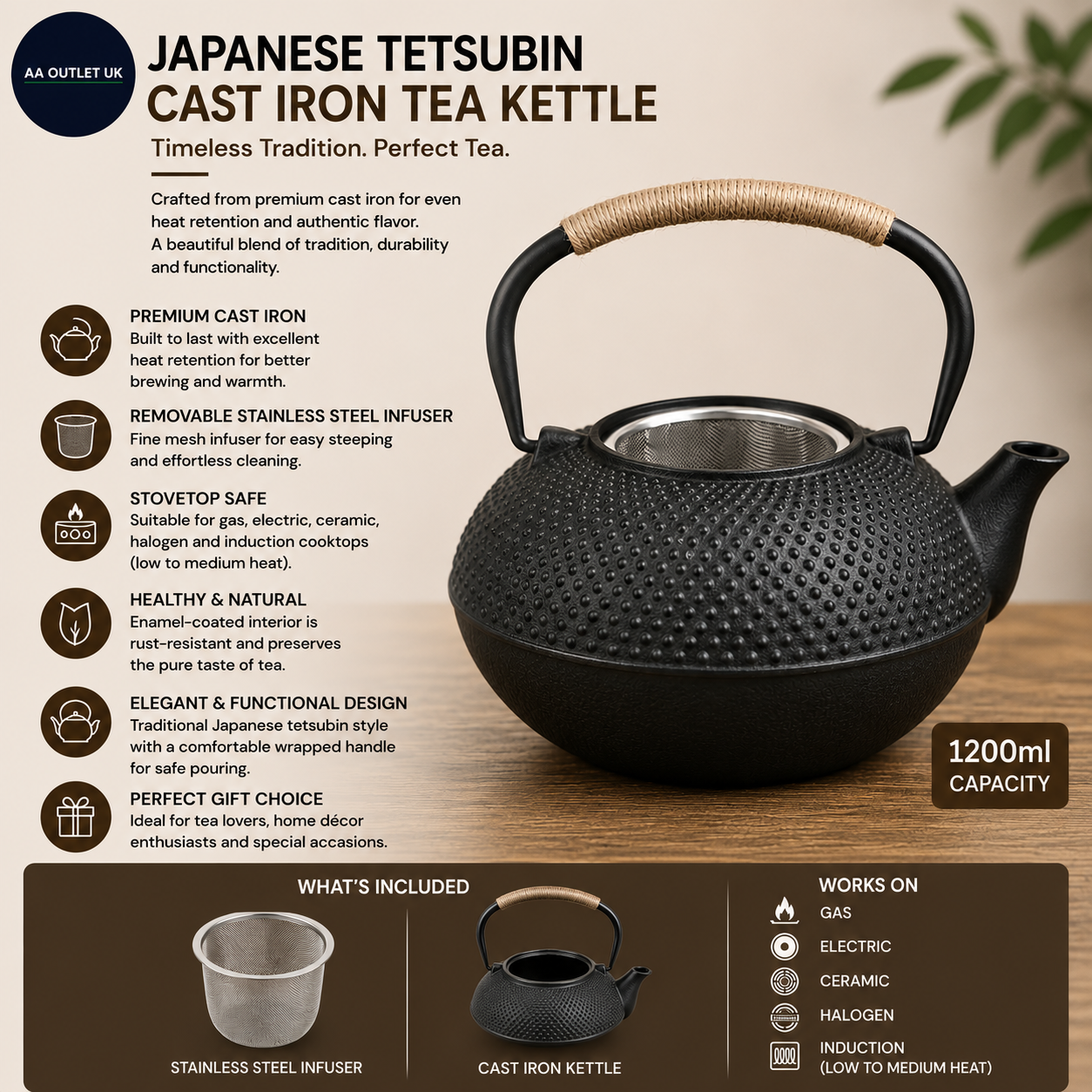 Japanese Tetsubin Cast Iron Tea Kettle Removable Infuser Stove Top 1200ml Black