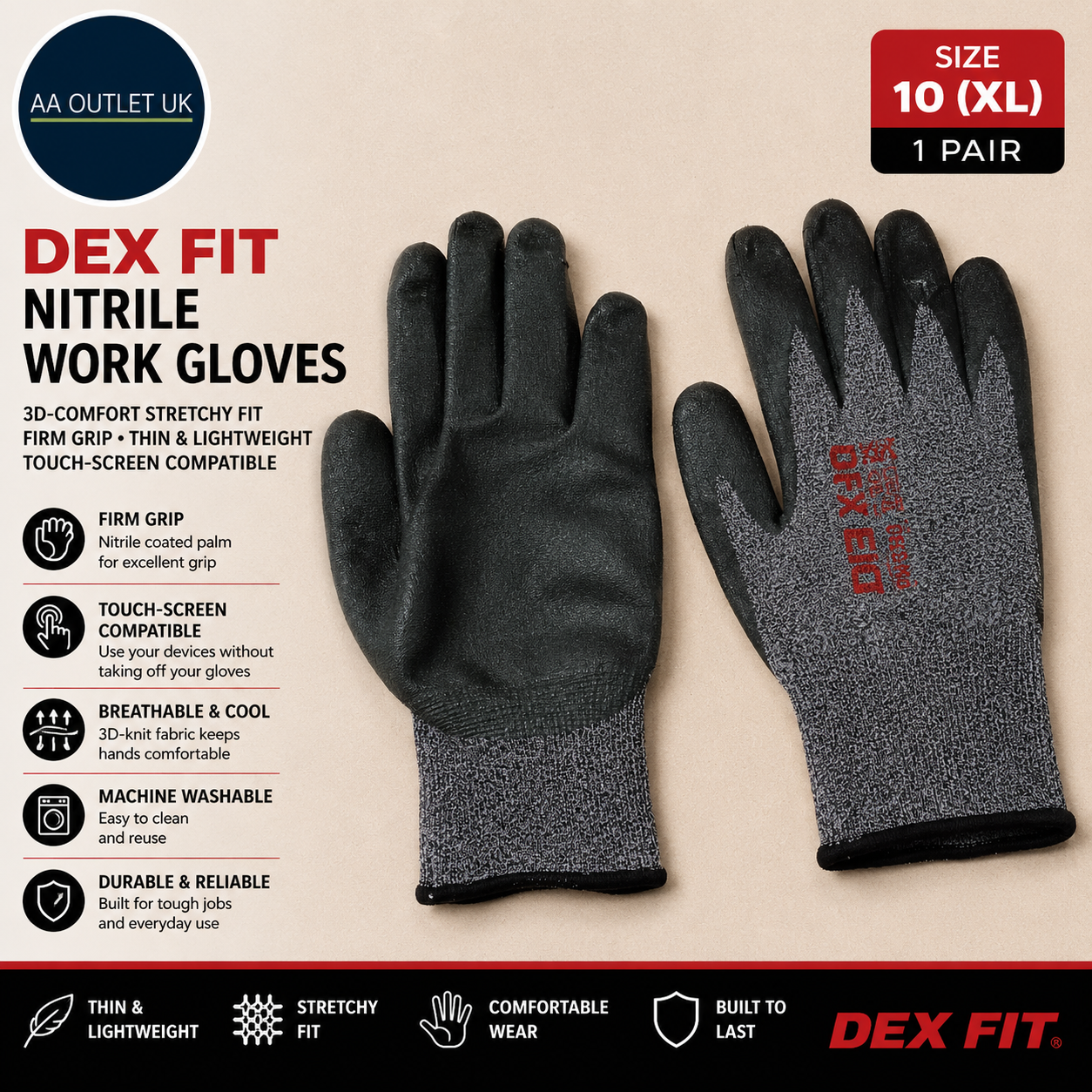 DEX FIT Nitrile Work Gloves FN330 3D Comfort Stretchy Fit Firm Grip Thin XL Grey