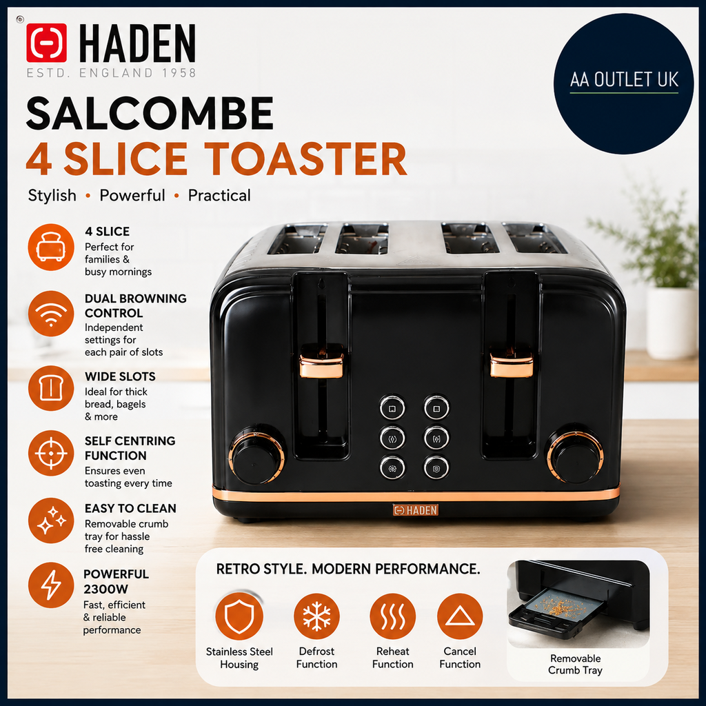 Haden Salcombe Black 4 Slice Toaster Dual Control Retro Design 2300w 21x27x28cm