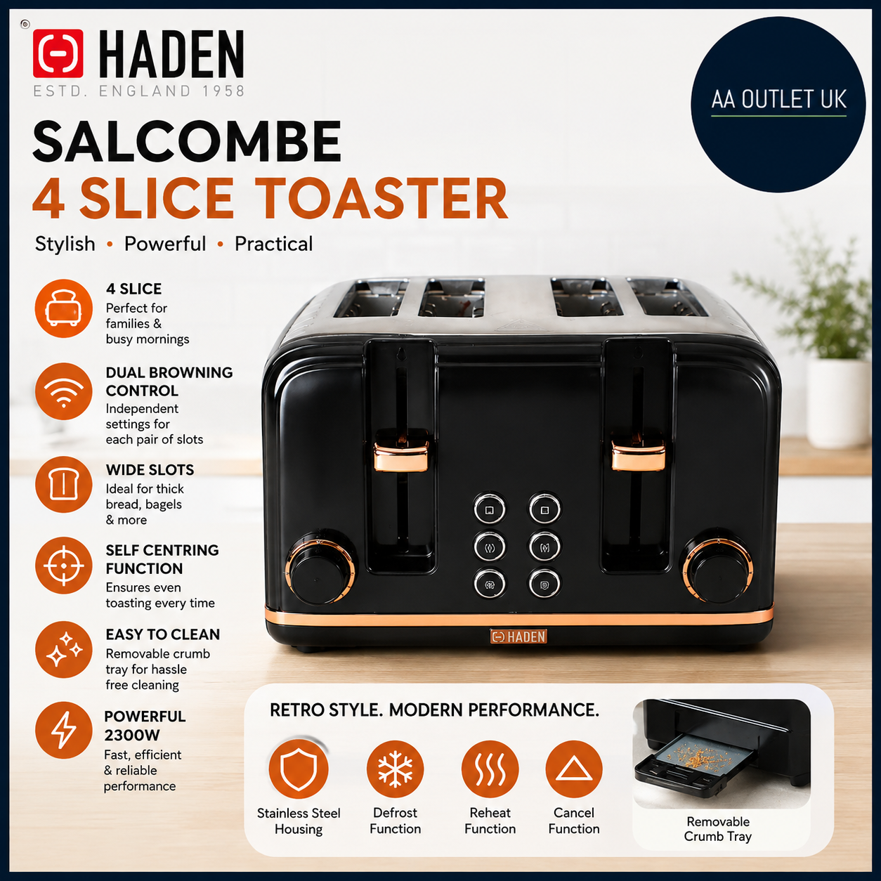 Haden Salcombe Black 4 Slice Toaster Dual Control Retro Design 2300w 21x27x28cm