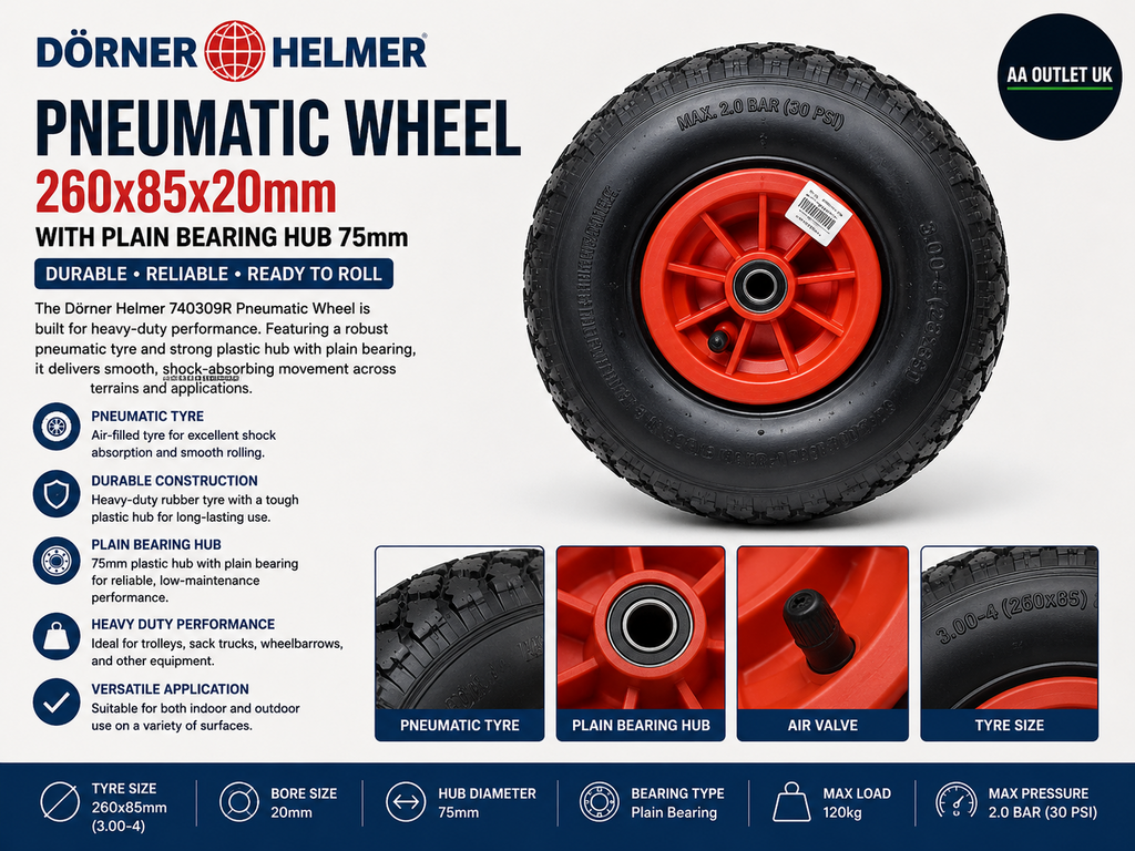 Dörner Helmer 740309R Pneumatic Wheel 260x85x20mm Plain Bearing Hub 75mm