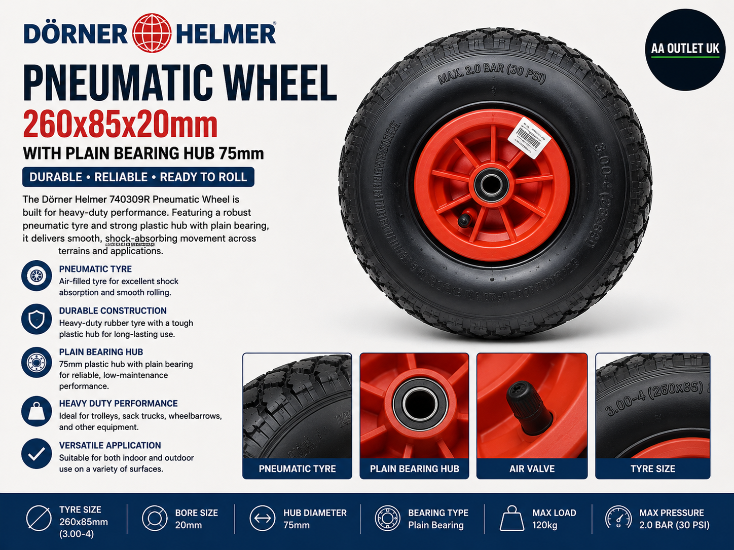 Dörner Helmer 740309R Pneumatic Wheel 260x85x20mm Plain Bearing Hub 75mm