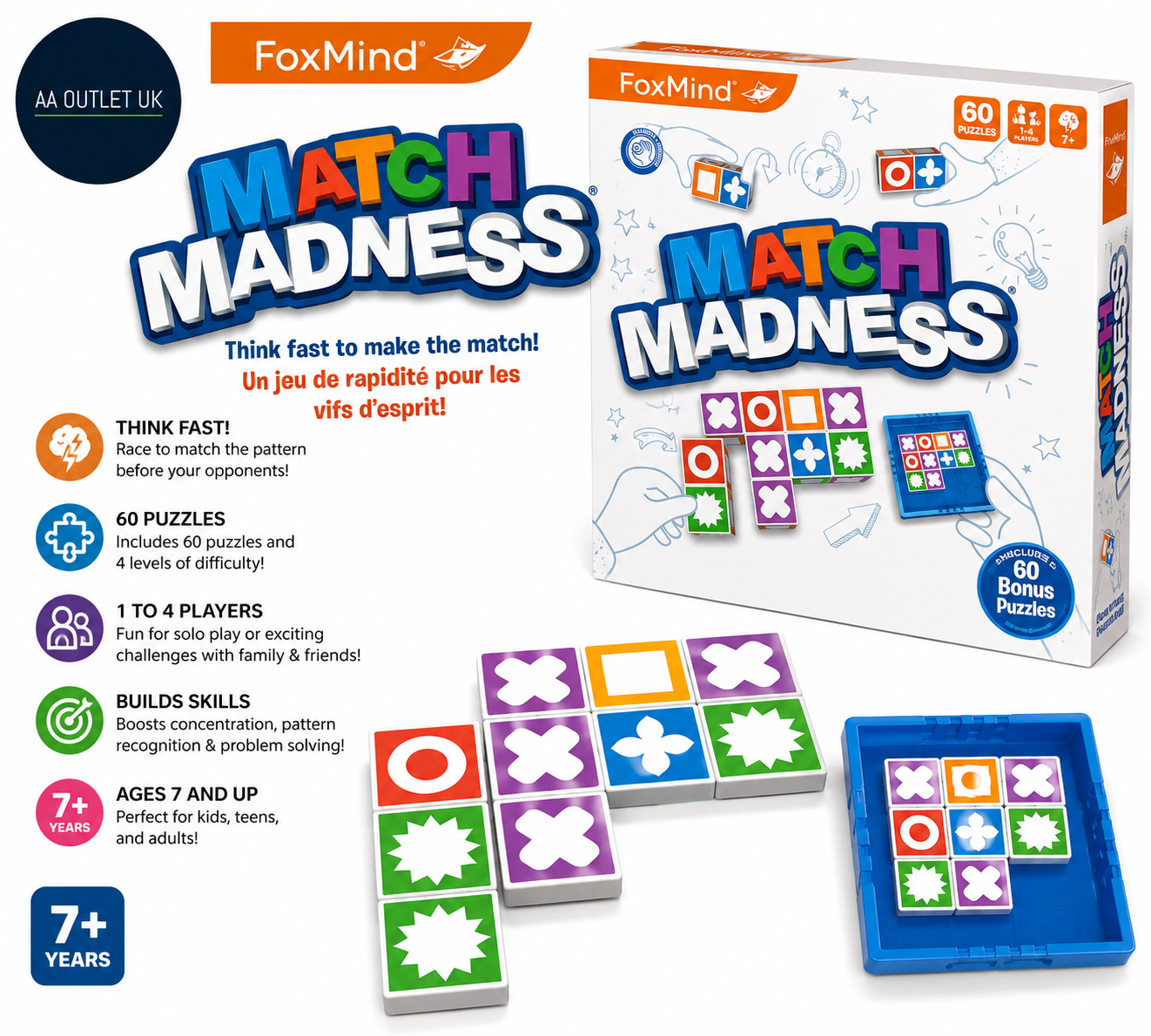 FoxMind Match Madness Family Board Games Kids Ages 7+ Teens Adults 1-4 Players