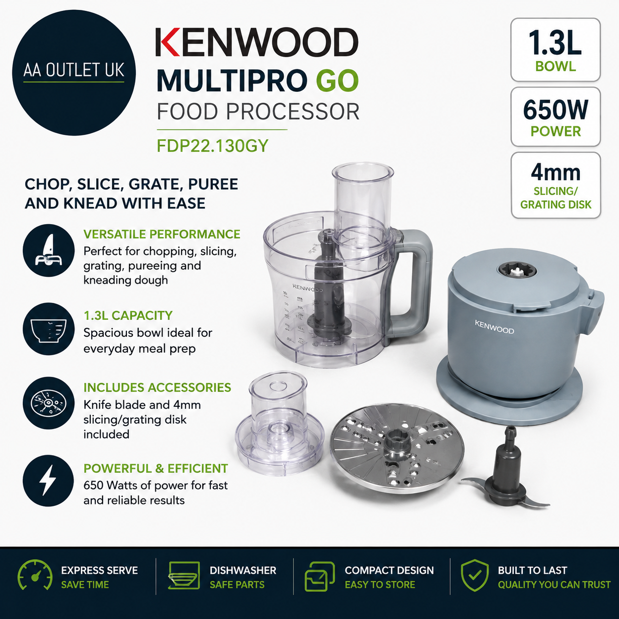 Kenwood MultiPro Go FDP22. 130GY Food Processor Chopping Slicing Grating 650W