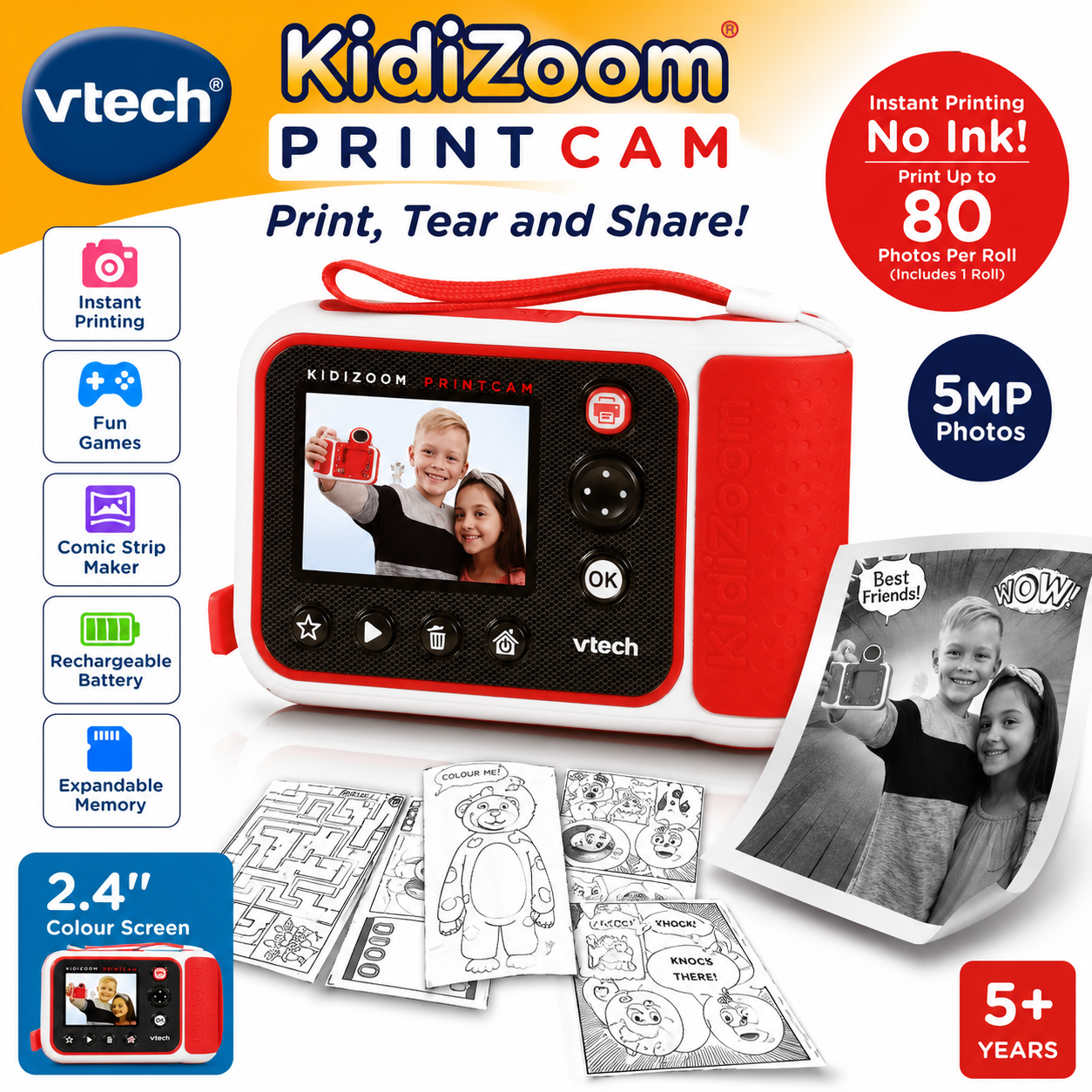 VTech KidiZoom PrintCam Red Digital Instant Camera Children Built In Age 5+