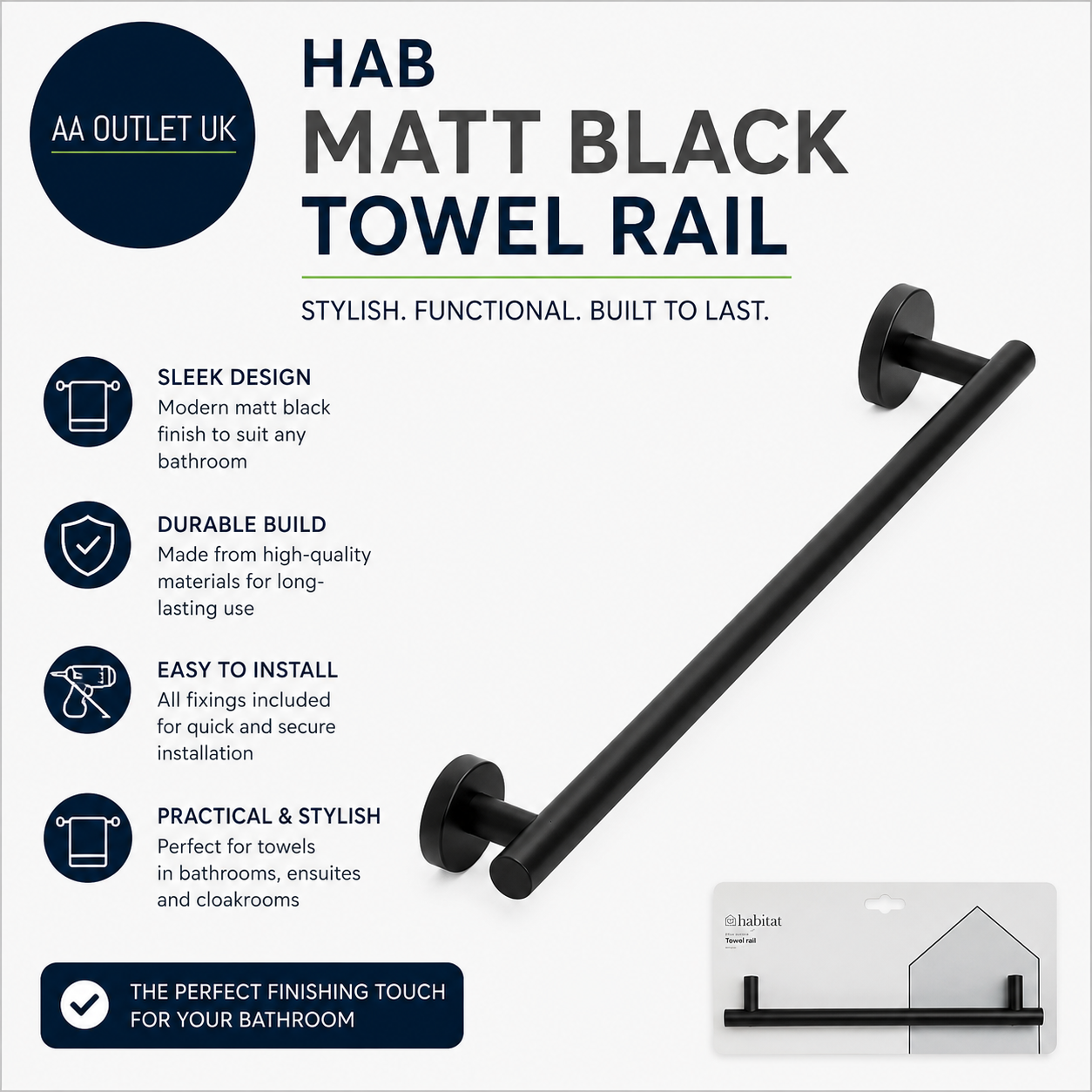 Habitat Wall Mounted Towel Rail 5.3x50x8cm Durable Matt Black