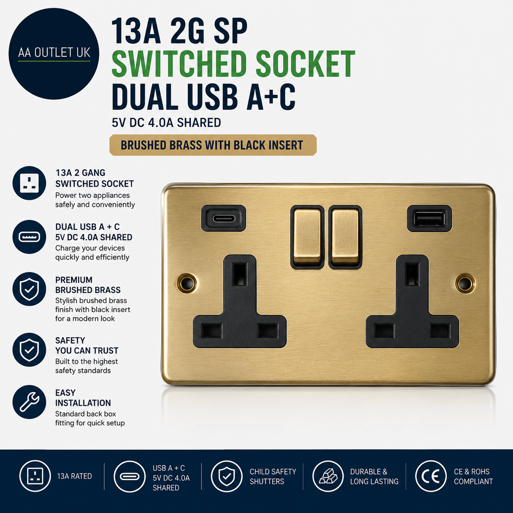 13A 2G SP Switched Socket Dual USB A+C 5V DC 4.0A Shared Brushed Brass