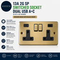 13A 2G SP Switched Socket Dual USB A+C 5V DC 4.0A Shared Brushed Brass