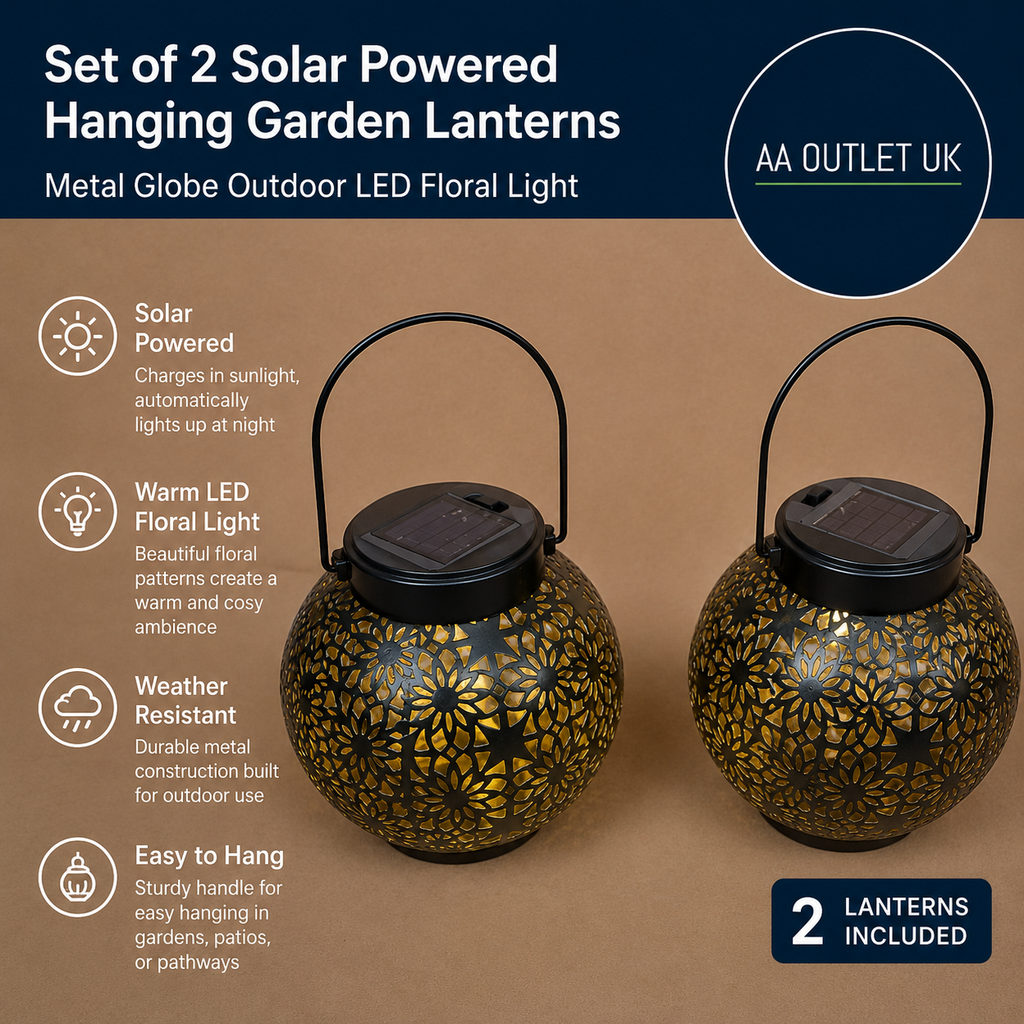 Set Of 2 Solar Powered Hanging Garden Lanterns Metal Globe Outdoor LED New