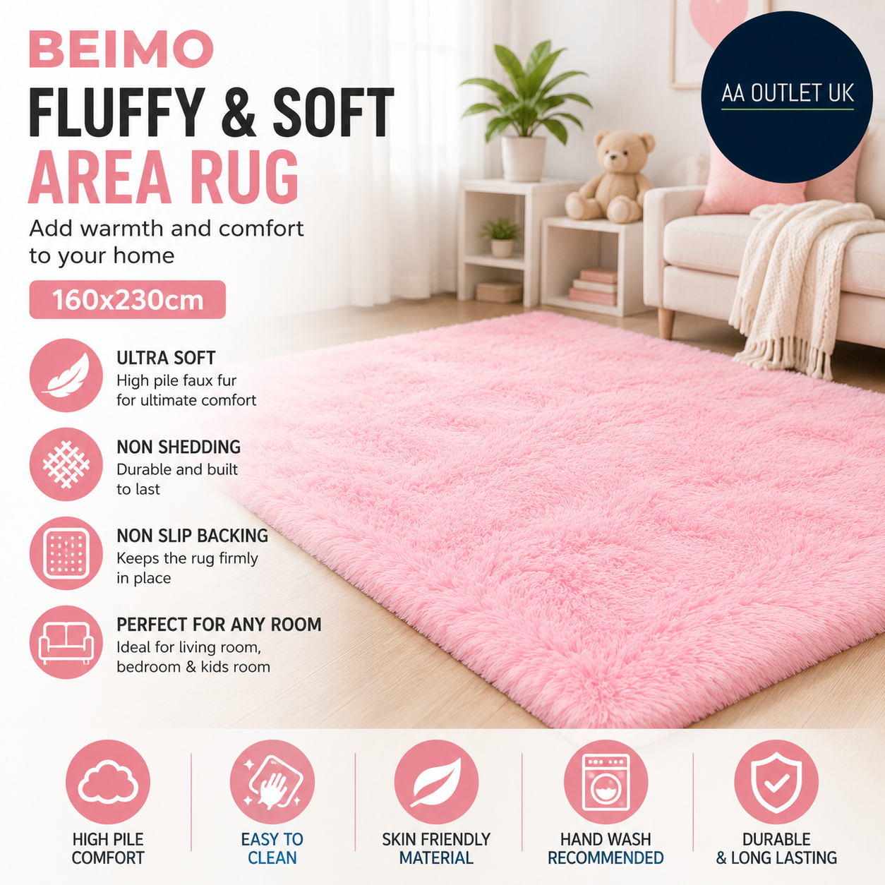 Beimo Rugs Living Room Large Pink Bedroom Fluffy Faux Fur Carpets 160x230cm