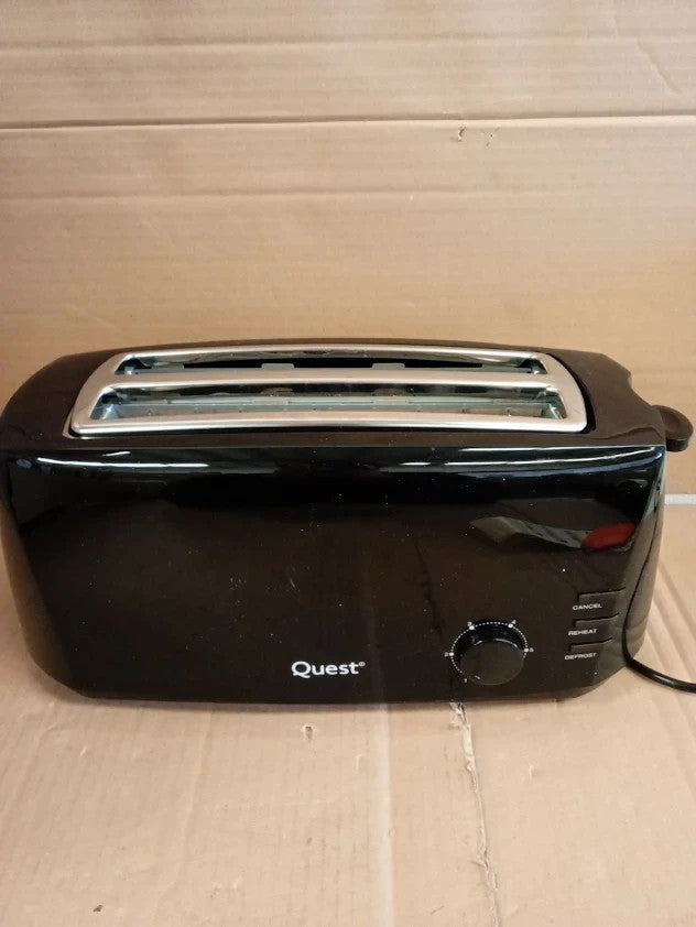 Quest 4 Slice Toaster Black Extra Wide Long Slots Crumpets And Bagels 1400w