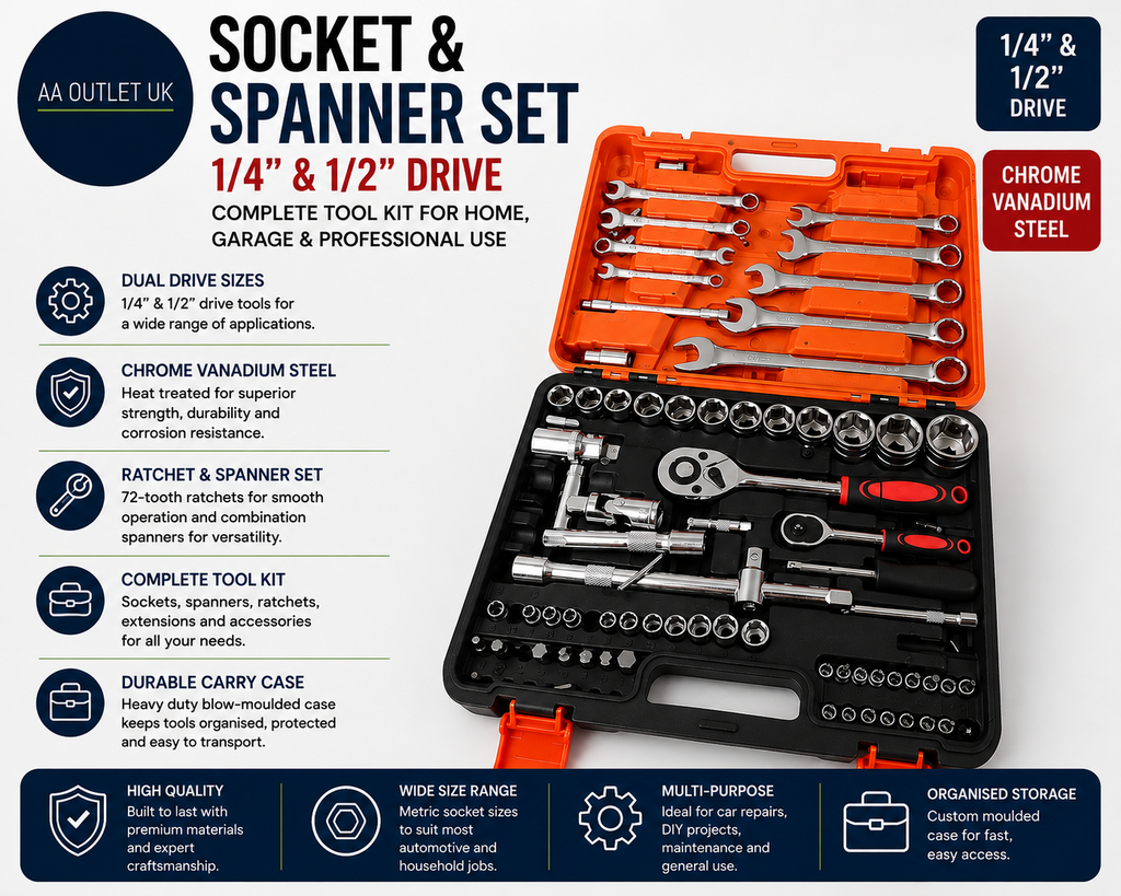 Socket Spanner Set 1/4 And 1/2 Drive Chrome Vanadium Ratchet Tool Kit Case