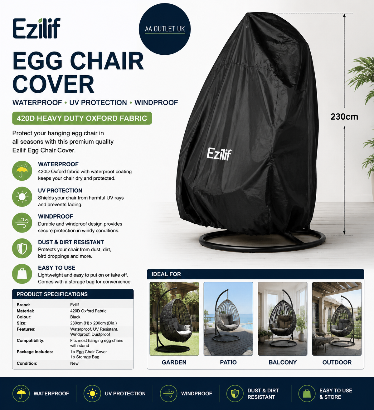 Ezilif Egg Chair Cover 420D Waterproof Hanging Swing Chair UV Windproof 230cm