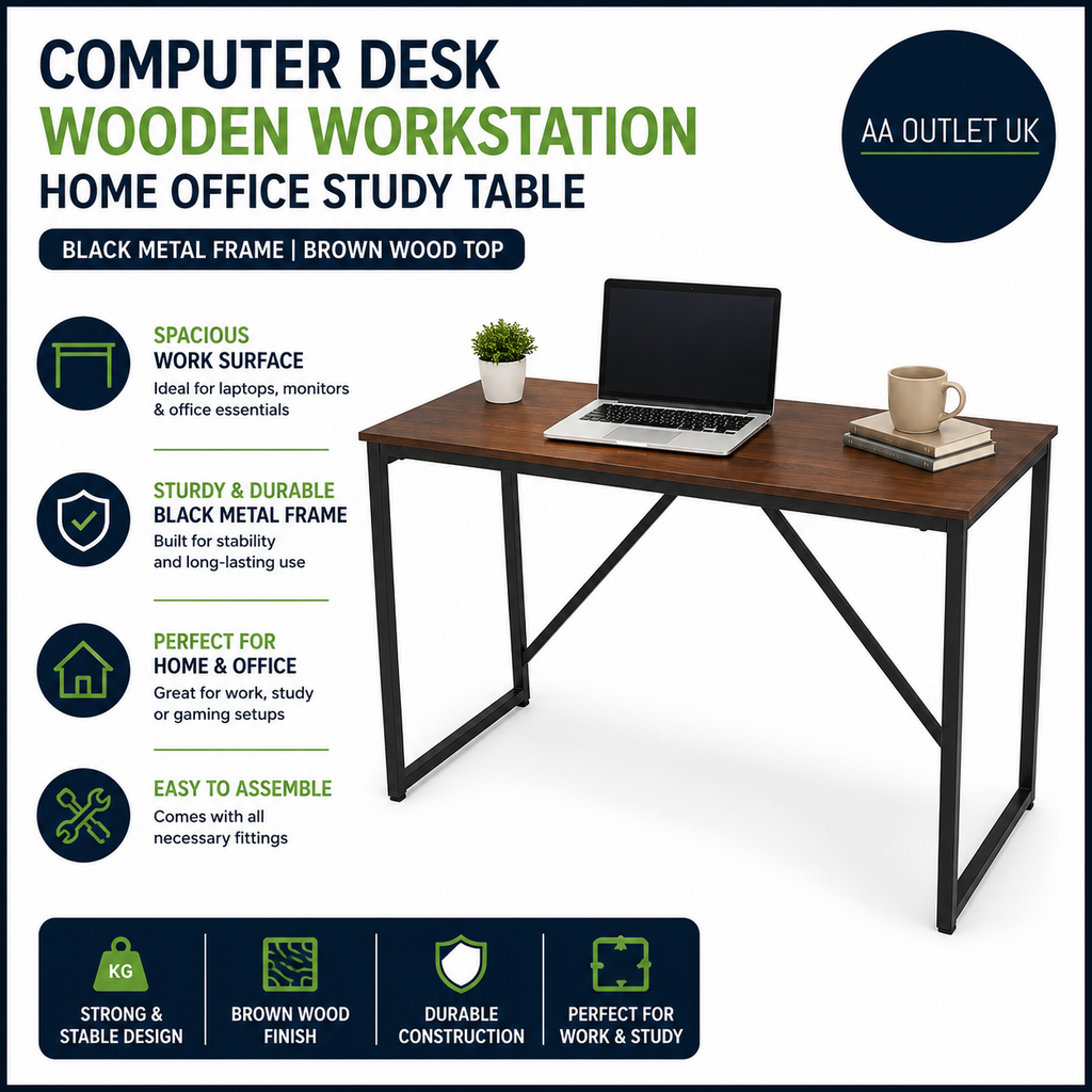 Computer Desk Wooden Workstation Home Office Study Table Black Metal Brown New