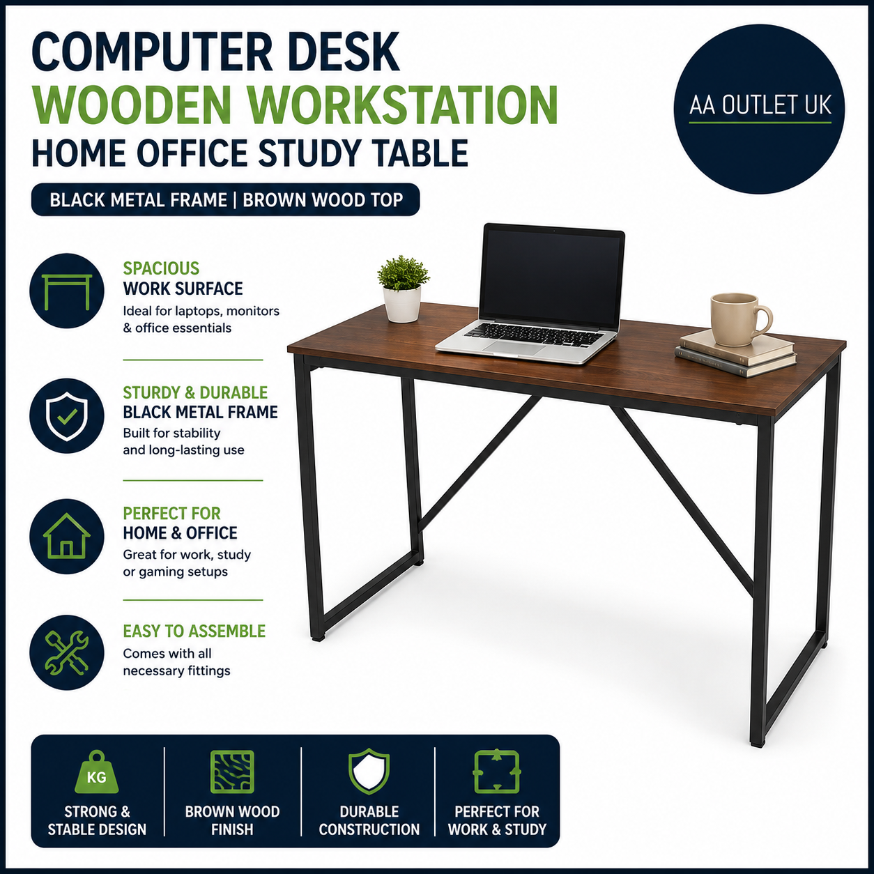 Computer Desk Wooden Workstation Home Office Study Table Black Metal Brown New