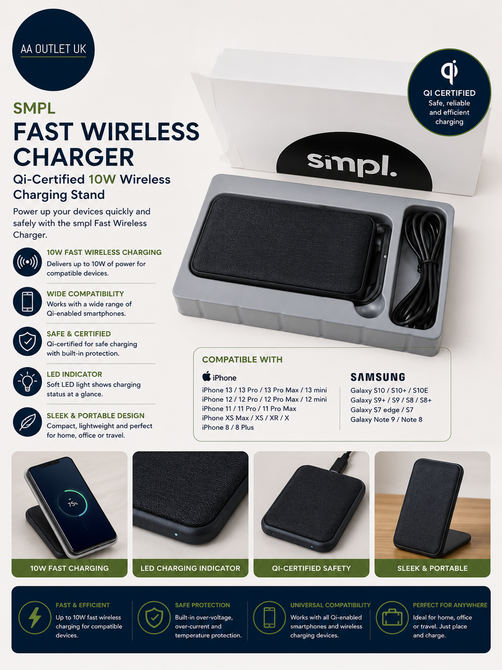 Smpl Fast Wireless Charger Qi Certified 10W Charging Stand Smartphones Black