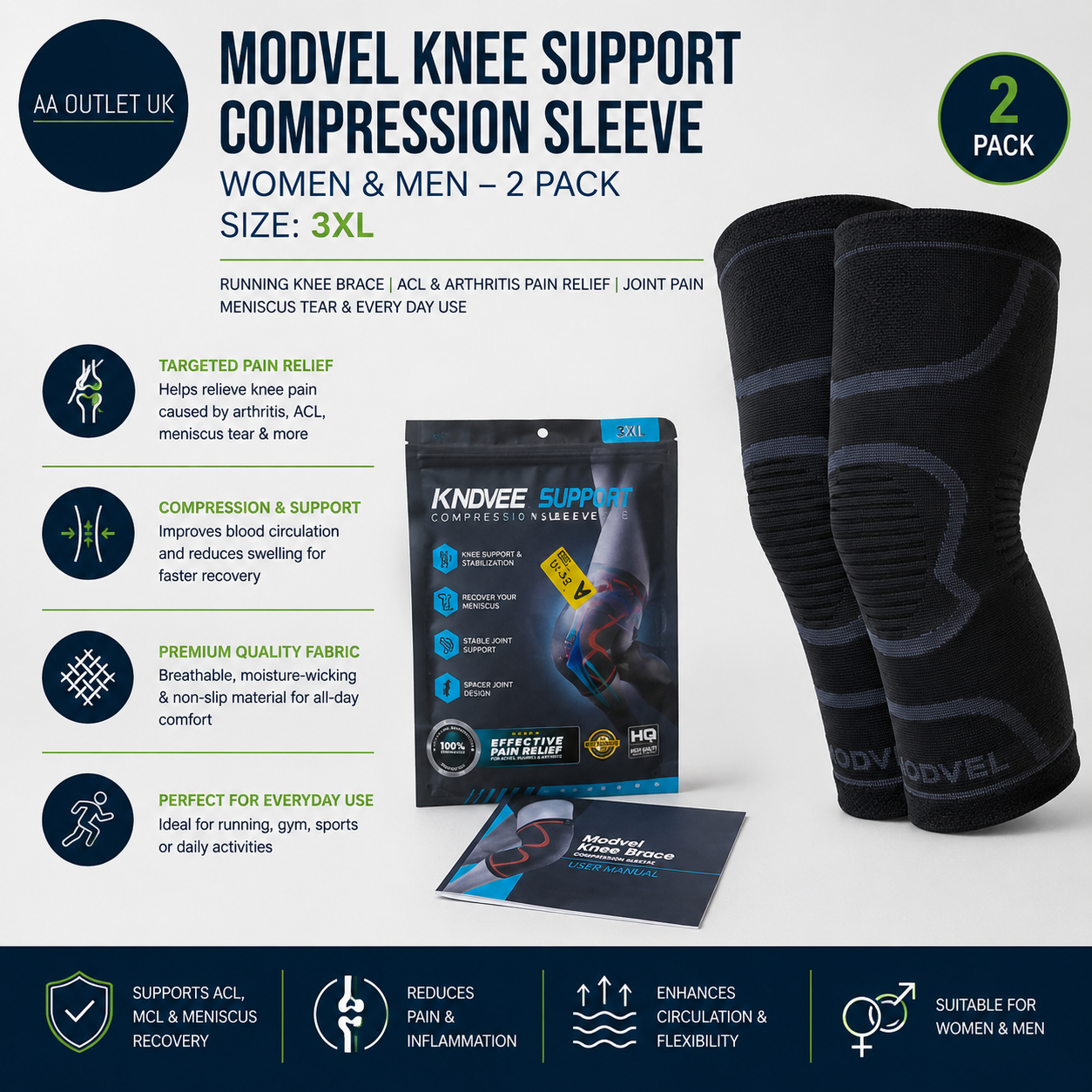 Modvel Knee Support Compression Sleeve Unisex 2 Pack Running Brace ACL 3XL