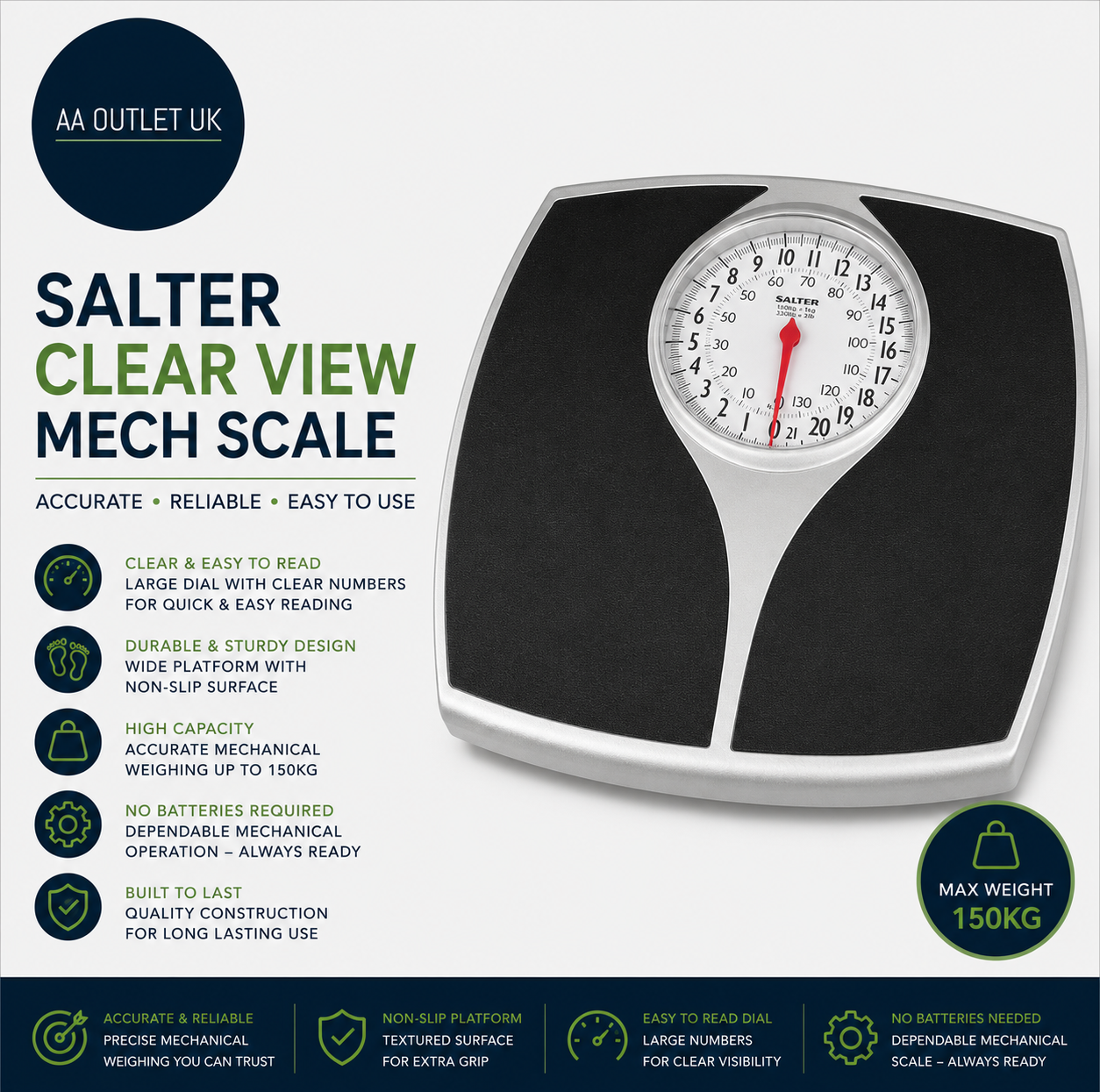 Salter Mechanical Bathroom Clear View Scale Red Dial Black 5.5x30x30cm