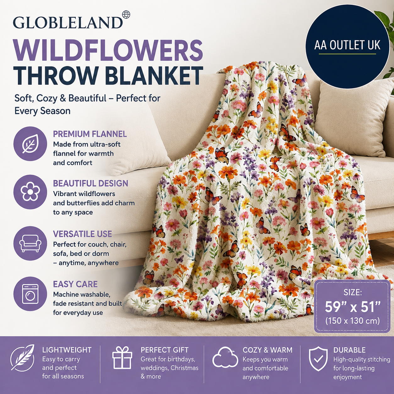 Globeland Wildflowers Throw Butterflies Flannel Blanket Plant Washable 59x51in