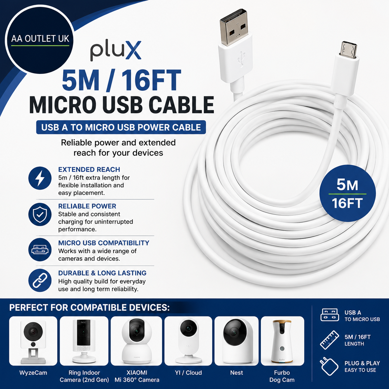 PluX 5m 16ft Micro USB Cable WyzeCam USB A Micro USB Power Ring Indoor White