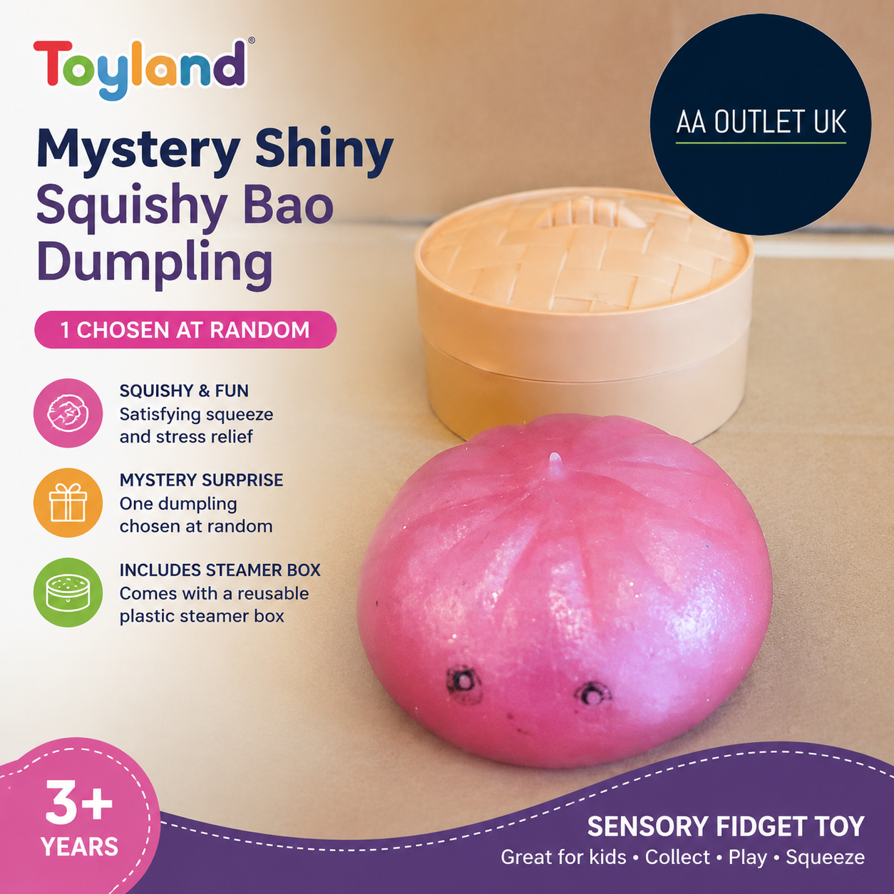 Toyland Mystery Shiny Squishy Bao Dumpling Sensory Fidget Toy Plastic Steam 3+