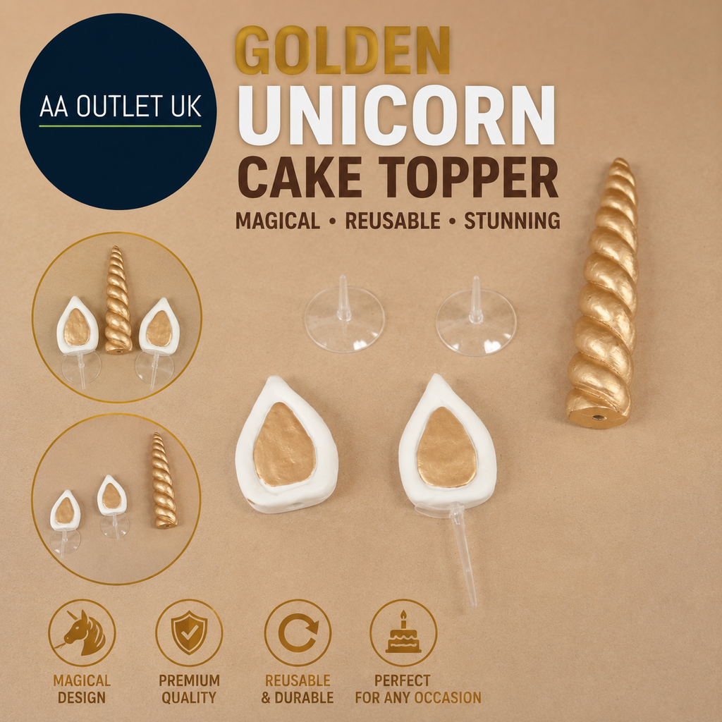 Golden Unicorn Cake Topper Kids Decorations Birthday Party Reusable Horn Ears