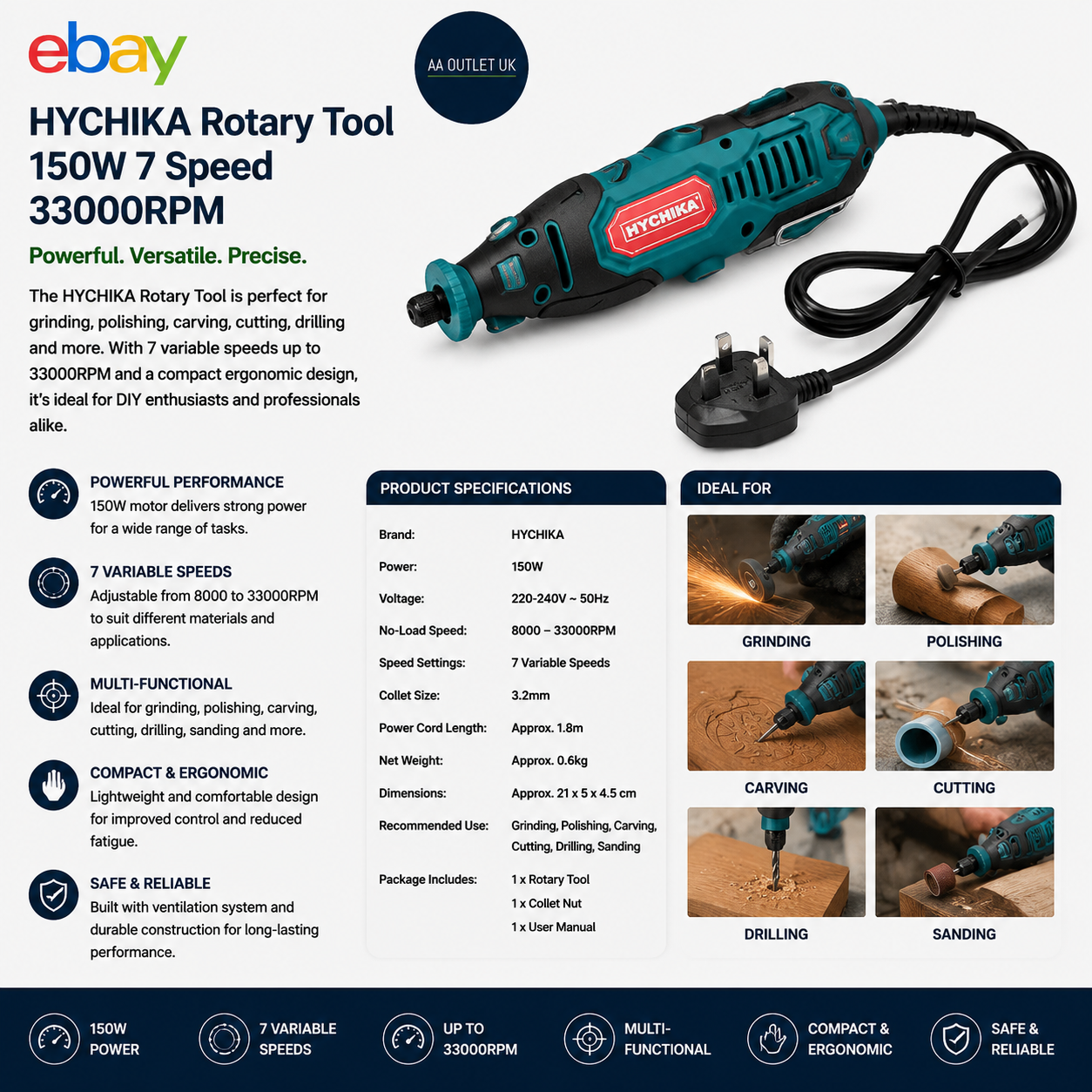 HYCHIKA Rotary Tool Kit 150W 7 Speed 33000RPM Power Performance Compact Durable