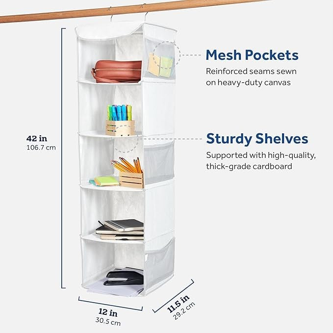 Hanging Wardrobe Storage Organiser 5 Tier Hanging Shelves Durable Metal Hooks